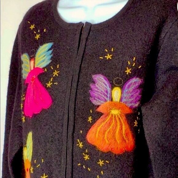 Vintage Wool Sweater Cardigan Black Talbots Christmas Angels Size Small - Picture 2 of 10